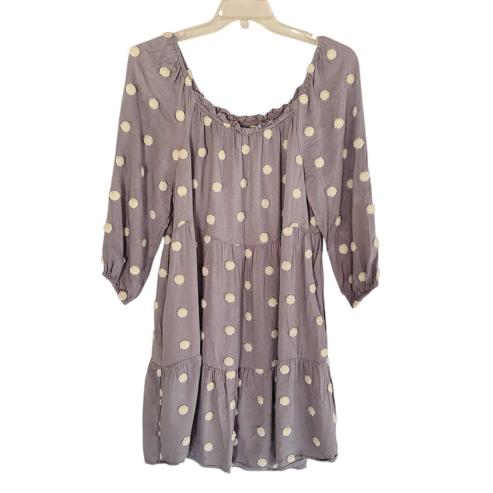 CATO Boho Dusty Lavender Hue Tiered Mini Dress with White Pom-Poms - Size L